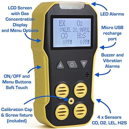 Monitor de gas calibrado NIST de Estados Unidos por Forensics | O2, CO, H2S, LEL | Recarga USB |