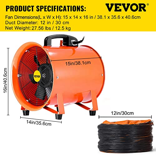 VEVOR Ventilador de manguera axial de escape de 12 pulgadas, ventilador portátil de alta velocidad de 3900 m3/h, ventilador extractor de bajo ruido con manguera de conducto de 5 m