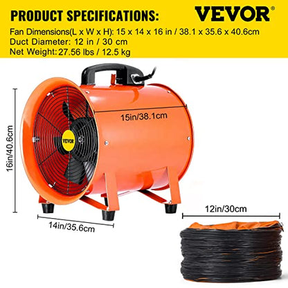 VEVOR Ventilador de manguera axial de escape de 12 pulgadas, ventilador portátil de alta velocidad de 3900 m3/h, ventilador extractor de bajo ruido con manguera de conducto de 5 m