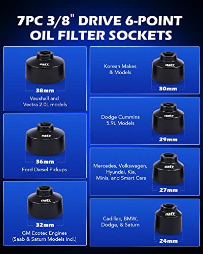 Orion Motor Tech Juego de llaves de filtro de aceite, 10 piezas de juego de llaves de filtro de aceite, 3/8 pulgadas, kit de herramientas de extracción de llave de filtro de aceite de perfil bajo, compatible con Toyota VW BMW Mercedes