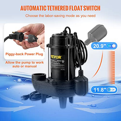 VEVOR Bomba sumergible de aguas residuales de 3/4 HP, 5880 GPH de flujo más grande, bomba de sumidero sumergible de hierro fundido, construcción de hierro fundido resistente al desgaste, con interruptor de flotador atado, cable de alimentación de 10 pies