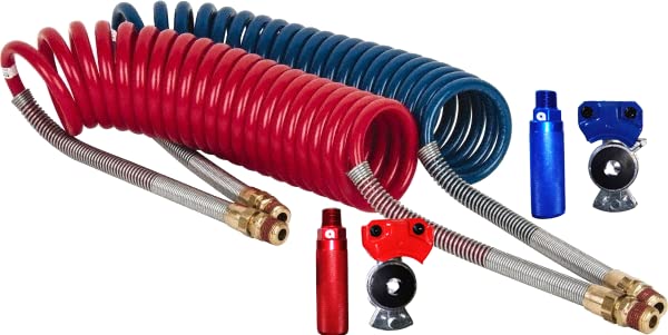 Kit de manguera de freno de aire en espiral rojo y azul de 12 pies y 12 pulgadas con manecillas Glad y asas de aluminio