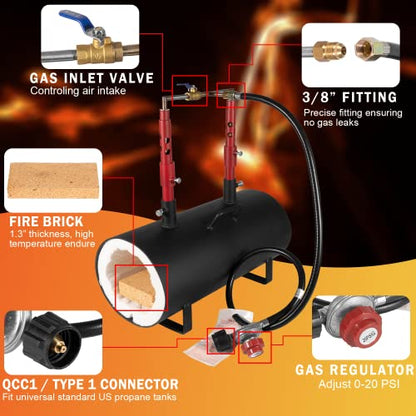 Forja de propano portátil de doble quemador de gran capacidad (19 x 6.7 x 3.5 pulgadas), calienta hasta 3500 °F/1426 °C para herrería, fabricación de cuchillos, herramientas para hacer forjas