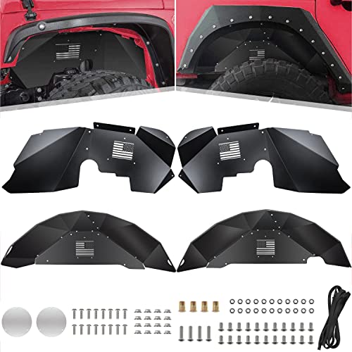 Forros de guardabarros interiores delanteros y traseros para Jeep Wrangler JK JKU 2007-2018 4WD con logotipo de la bandera de Estados Unidos, protectores ligeros de aluminio (negro)