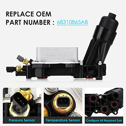 68310865AB 3.6L V6 Enfriador de aceite de motor Enfriador de aceite Adaptador de carcasa de filtro de aceite, para Jeep Cherokee/Wrangler, Dodge Challenger/Charger/Grand Caravan/Journey, ProMaster, Chrysler 300