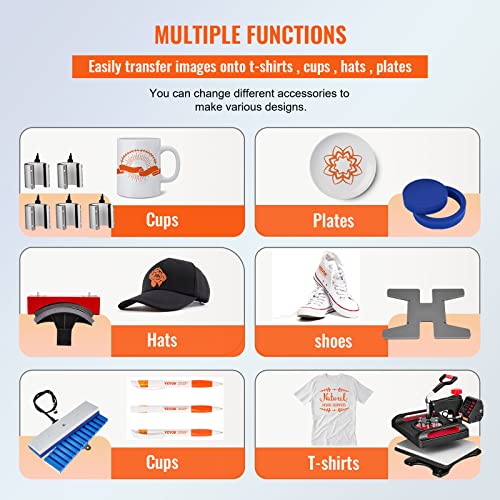 VEVOR Prensa de calor, 12 x 15 pulgadas, impresora multifuncional de concha 11 en 1, máquina digital de transferencia de calor de doble tubo, máquina de sublimación oscilante para camiseta, sombrero, tapa, taza, placa, bolígrafo, zapatos, negro