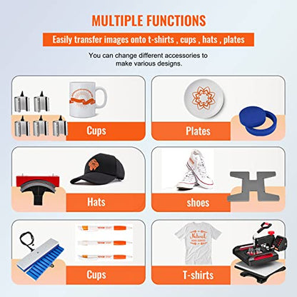 VEVOR Prensa de calor, 12 x 15 pulgadas, impresora multifuncional de concha 11 en 1, máquina digital de transferencia de calor de doble tubo, máquina de sublimación oscilante para camiseta, sombrero, tapa, taza, placa, bolígrafo, zapatos, negro