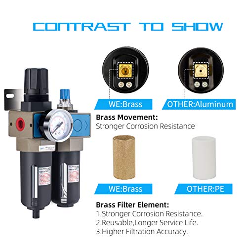 NANPU Lubricador regulador de filtro de aire comprimido NPT de 1/4" (FRL), elemento de latón de 5 micrones, calibre de 0-150 psi, drenaje manual, soporte de metal