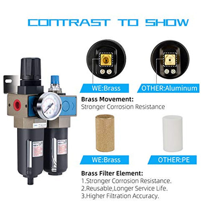 NANPU Lubricador regulador de filtro de aire comprimido NPT de 1/4" (FRL), elemento de latón de 5 micrones, calibre de 0-150 psi, drenaje manual, soporte de metal