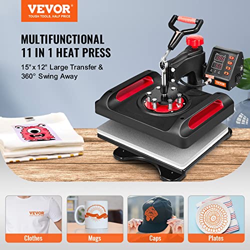 VEVOR Prensa de calor, 12 x 15 pulgadas, impresora multifuncional de concha 11 en 1, máquina digital de transferencia de calor de doble tubo, máquina de sublimación oscilante para camiseta, sombrero, tapa, taza, placa, bolígrafo, zapatos, negro