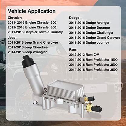 Enfriador de aceite de motor de aluminio 926-876 con adaptador de carcasa de filtro de aceite compatible con Jeep Chrysler 200 300 Dodge Charger Grand Cherokee Wrangler 3.6L V6 68105583AF 5184294AE 926-959
