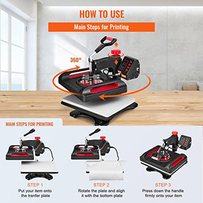 VEVOR Prensa de calor, 12 x 15 pulgadas, impresora multifuncional de concha 11 en 1, máquina digital de transferencia de calor de doble tubo, máquina de sublimación oscilante para camiseta, sombrero, tapa, taza, placa, bolígrafo, zapatos, negro