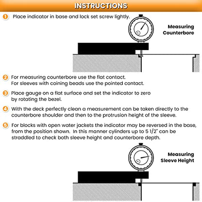 Medidor de altura y orificio de contador para todos los motores diésel, indicador de esfera, rango de calibre de cilindro 0-1 pulgada, graduaciones 0.000 pulgadas, lectura 0-100