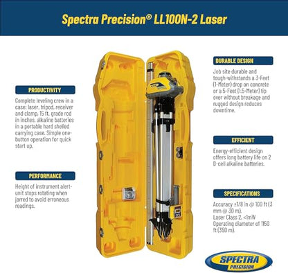 Spectra Precision LL100N-2 Kit de nivel láser con receptor y abrazadera HR320, varilla de grado de 15 pies (pulgadas), trípode y caja del sistema, amarillo