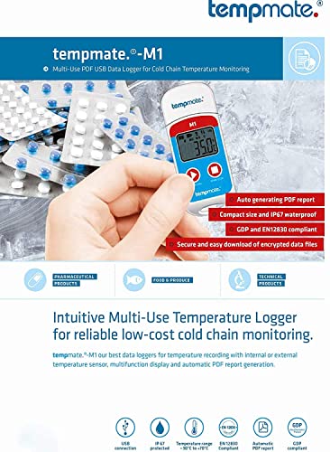 Registrador de datos de temperatura multiuso (rango: -22°F a 158°F) utilizado para cajas de vacunas, industria alimentaria, industria farmacéutica, transporte junto con certificación de calibración: Tempmate M1 por INSTRUKART