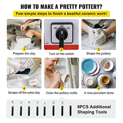 VEVOR Rueda de cerámica, máquina formadora de ruedas de cerámica de 9.8 in con juego de escultura, 0-300 rpm, velocidad ajustable, rueda de cerámica de 280 W, herramienta de arcilla para trabajos de cerámica, cerámica, arcilla