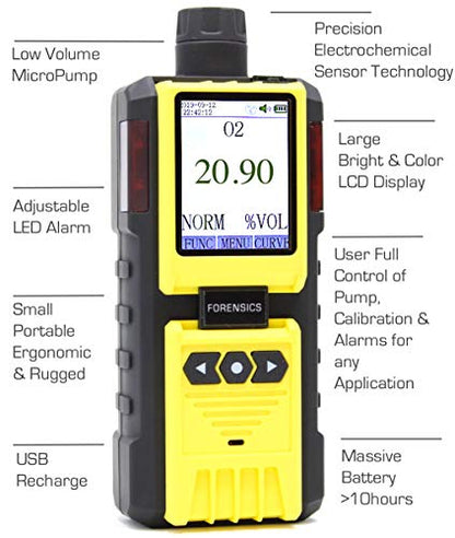 Analizador de oxígeno para análisis de espacio libre superior de FORENSICS | 0-30% con resolución de 0,01 ppm | Recarga de batería USB | FD-600-HA-O2