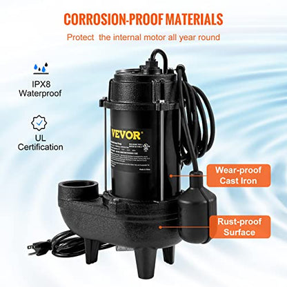 VEVOR Bomba sumergible de aguas residuales de 3/4 HP, 5880 GPH de flujo más grande, bomba de sumidero sumergible de hierro fundido, construcción de hierro fundido resistente al desgaste, con interruptor de flotador atado, cable de alimentación de 10 pies