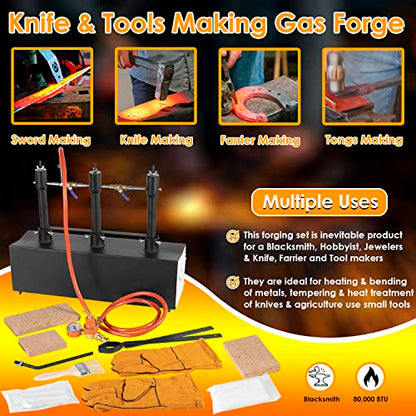 DFPROF3b - Forja de propano portátil de triple quemador, 1370 °C, forja de gas de gran capacidad cuadrada portátil con pinzas y guantes para herrería, herramientas de forja y equipo