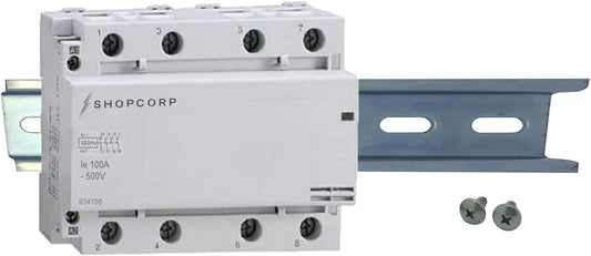 Contactor IEC de 500 V (modelo delgado) de 100 amperios 4 polos, bobina de 110/120 VAC, carga del motor 60 A y carga de iluminación 100 A, incluye riel DIN de aluminio de 35 x 203,20 mm y tornillos Phillips 2#10