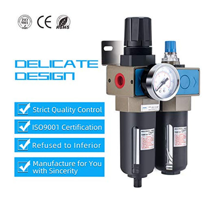 NANPU Lubricador regulador de filtro de aire comprimido NPT de 1/4" (FRL), elemento de latón de 5 micrones, calibre de 0-150 psi, drenaje manual, soporte de metal