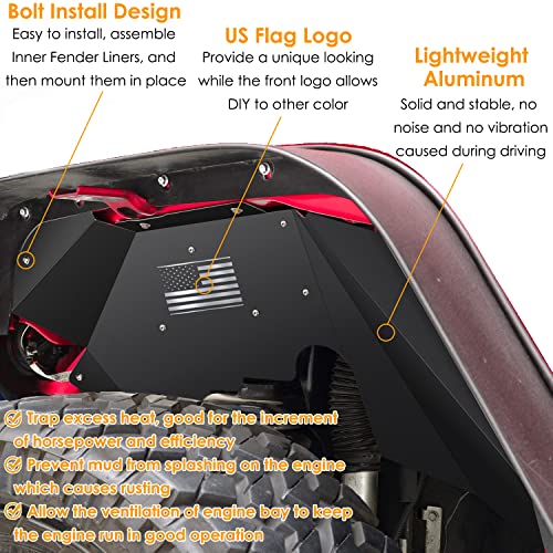 Forros de guardabarros interiores delanteros y traseros para Jeep Wrangler JK JKU 2007-2018 4WD con logotipo de la bandera de Estados Unidos, protectores ligeros de aluminio (negro)