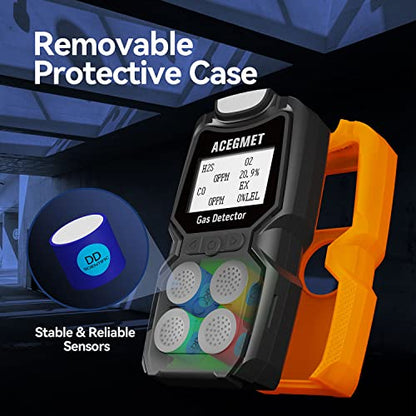 ACEGMET 4 Monitor de gas múltiple indicador (vibración, audible, visual) H2S, O2, CO y LEL 4 Monitor de gas personal recargable 4 medidores de gas 2 años de vida del sensor, olfatador de gas