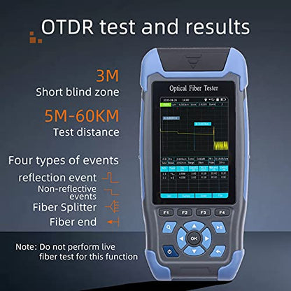Probador de fibra óptica OTDR Mini-Pro 1310/1550nm SM Mulit Prueba de función OTDR Caja de cable de lanzamiento Caja de cable Reflectómetro de dominio de tiempo Detector de obstáculos de cable con OPM OLS RJ45 Prueba VFL Sonó 16.4 ft-60Km