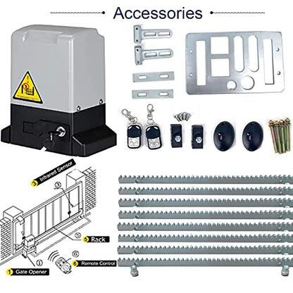 Kit de abridor automático de puerta corredera impulsado por bastidor con controles remotos y sensor infrarrojo operador de puerta eléctrica kit completo para puertas deslizantes de hasta 1800 libras