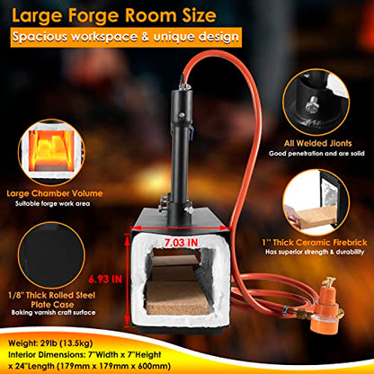 DFPROF3b - Forja de propano portátil de triple quemador, 1370 °C, forja de gas de gran capacidad cuadrada portátil con pinzas y guantes para herrería, herramientas de forja y equipo