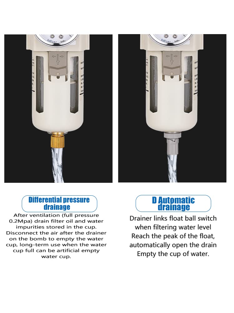 Regulador de filtro de aire comprimido NPT de 1/2 pulgada, lubricador combinado separador de trampa de agua/aceite, regulador de presión de filtro de aire, drenaje manual AC4010-04D (1/2 pulgada NPT, drenaje automático)