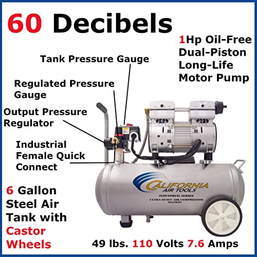 California Air Tools 6010LFC 1.0 HP Compresor de aire industrial ultra silencioso y sin aceite, 6 galones