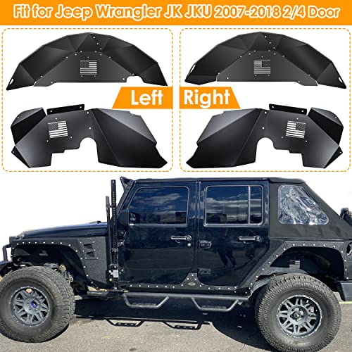 Forros de guardabarros interiores delanteros y traseros para Jeep Wrangler JK JKU 2007-2018 4WD con logotipo de la bandera de Estados Unidos, protectores ligeros de aluminio (negro)