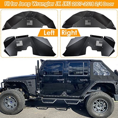 Forros de guardabarros interiores delanteros y traseros para Jeep Wrangler JK JKU 2007-2018 4WD con logotipo de la bandera de Estados Unidos, protectores ligeros de aluminio (negro)