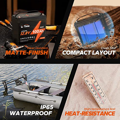 Litime Batería LiFePO4 de 12 V y 100 Ah, batería de litio de 4000 ~ 15000 ciclos profundos con BMS de 100 A, vida útil de 10 años, máx. 1280 Wh, perfecta para RV, solar, motor de arrastre, paquete de 2