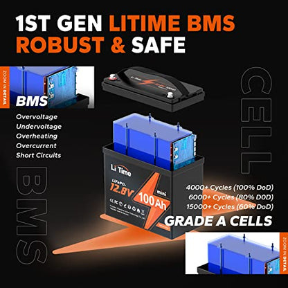 Litime Batería LiFePO4 de 12 V y 100 Ah, batería de litio de 4000 ~ 15000 ciclos profundos con BMS de 100 A, vida útil de 10 años, máx. 1280 Wh, perfecta para RV, solar, motor de arrastre, paquete de 2