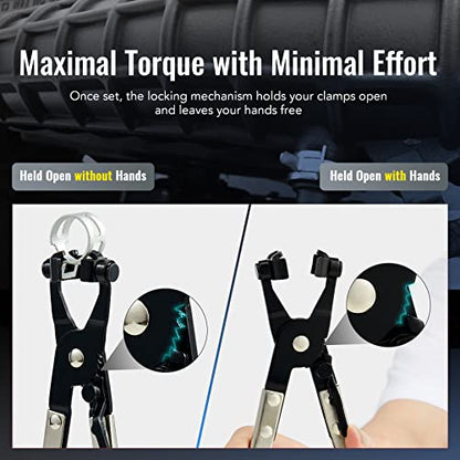 OMT 9 alicates de abrazadera de manguera para mangueras de combustible, aceite y agua, kit de extracción de abrazadera de manguera de largo alcance automotriz con alambre flexible Clic R tipo mordaza giratoria caja de alicates de banda plana, azul