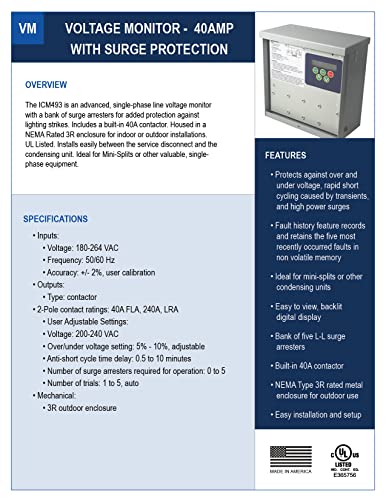 Monitoreo de voltaje de línea, protección contra sobretensiones monofásica, Monitores de voltaje monofásico, Dispositivos de protección contra sobretensiones ICM493-40A, listado UL, fabricado en EE. UU