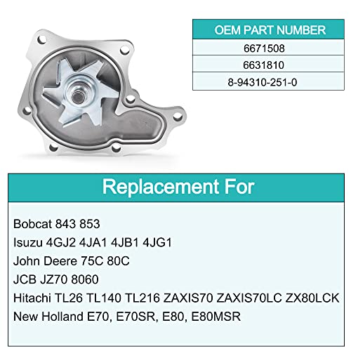 Bomba de agua 6671508 6631810 OE de repuesto para Bobcat 843 853, Isuzu 4JG2 4JA1 4JB1 4JG1, John Deere 75C 80C, JCB JZ70 8060, Hitachi TL26 TL140 TL216 ZAXISISISIS70 ZAXIS70LC,New Holland E70