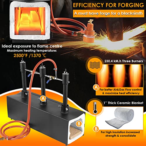 DFPROF3b - Forja de propano portátil de triple quemador, 1370 °C, forja de gas de gran capacidad cuadrada portátil con pinzas y guantes para herrería, herramientas de forja y equipo