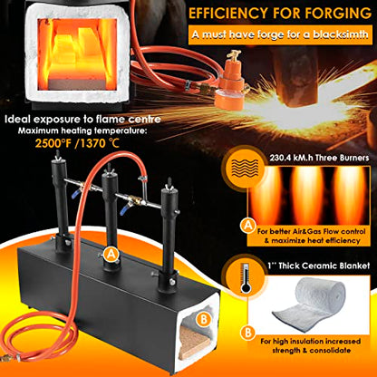 DFPROF3b - Forja de propano portátil de triple quemador, 1370 °C, forja de gas de gran capacidad cuadrada portátil con pinzas y guantes para herrería, herramientas de forja y equipo