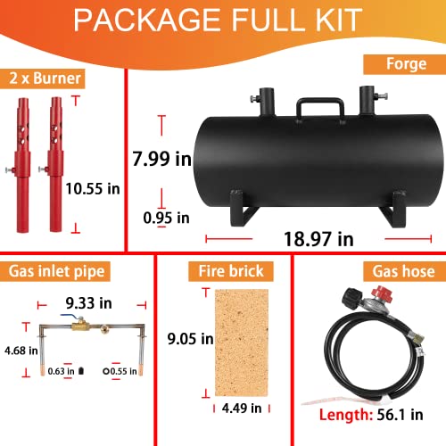 Forja de propano portátil de doble quemador de gran capacidad (19 x 6.7 x 3.5 pulgadas), calienta hasta 3500 °F/1426 °C para herrería, fabricación de cuchillos, herramientas para hacer forjas