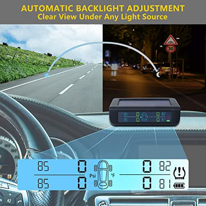 BACKVOLT - Sistema de monitoreo de presión de neumáticos, 4 sensores internos de 0-50 PSI/0-3.5 bar, sistema TPMS, cargador solar, 5 modos de alarma, visualización LCD, modo de reposo automático, inalámbrico, inteligente en tiempo real para automóviles