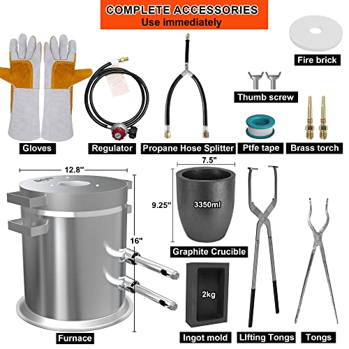 Nelyrho Kit de horno de fusión de propano de 44.1 lbs con dos pinzas de crisol, fundición de acero inoxidable completo, antorcha Klin de fundición de oro, plata, cobre, aluminio, reciclaje de metal a 2700 ℉