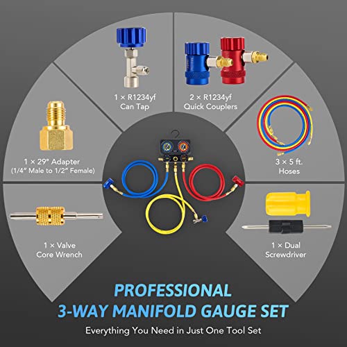 Orion Motor Tech OMT R1234yf - Kit de recarga de CA, 3 vías R1234yf Medidores de CA con mangueras R1234yf Acopladores rápidos y R1234yf R1234yf R134a R404a Freón Carga