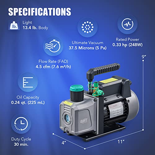 Orion Motor Tech Bomba de vacío de 4.5 cfm, bomba de vacío HVAC de 1 etapa para sistemas R12 R22 R134a R410a, pequeña bomba de vacío de 1/3 hp de 38 micrones para aire acondicionado, desgasificación
