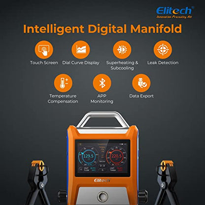 Elitech EMG-20V inteligente HVAC Digital Manifold Gauge tres puertos con sensor de vacío termómetro abrazaderas mangueras