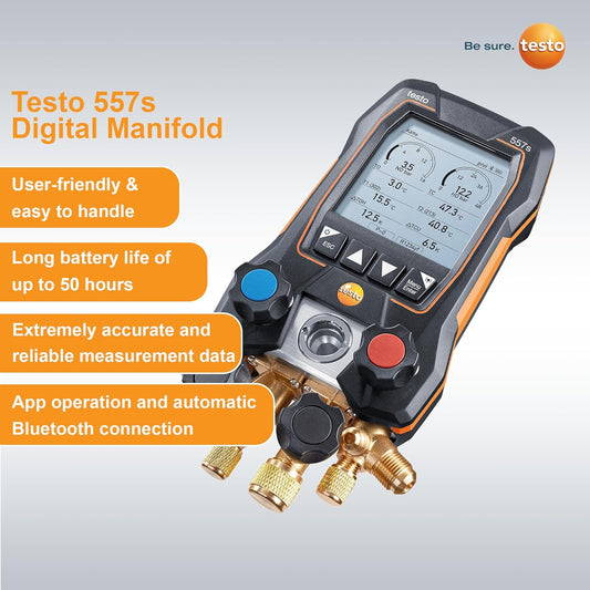 Testo - Kit automotriz 550i con colector digital operado vía aplicación, abrazadera de tubo, termómetro para aire acondicionado, sistemas de refrigeración, bombas de calor y Bluetooth