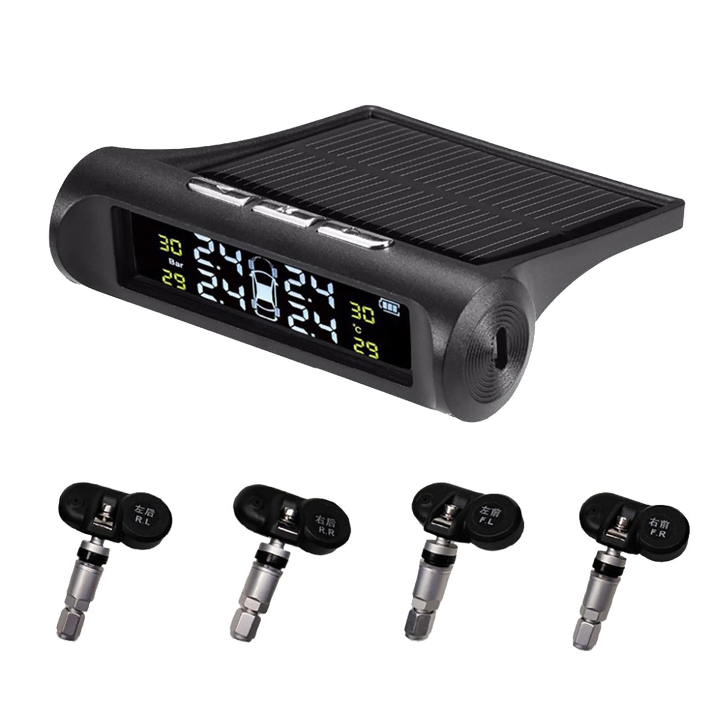 Sistema de monitoreo de presión de neumáticos, monitor TPMS inalámbrico de energía solar con 4 sensores externos o internos, pantalla LCD, alarma en tiempo real, temperatura de presión para furgonetas, camiones y coches (con sensor interno)