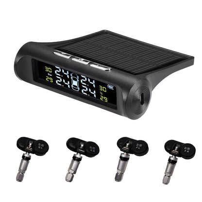 Sistema de monitoreo de presión de neumáticos, monitor TPMS inalámbrico de energía solar con 4 sensores externos o internos, pantalla LCD, alarma en tiempo real, temperatura de presión para furgonetas, camiones y coches (con sensor interno)